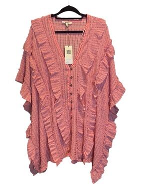 Blue Velvet Textured Ruffle Poncho Top Dusty Pink Womens Size S/M NWT Oversized